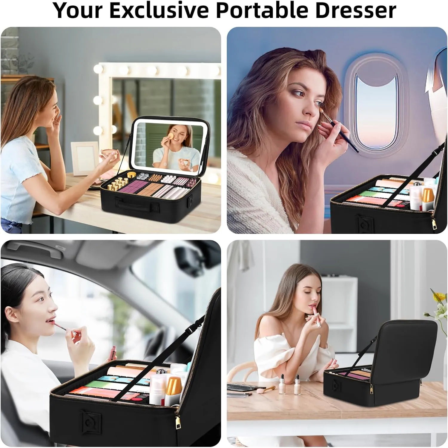 1511Professional Makeup Train Case,Large Waterproof Travel Makeup bag with Mirror and Light, Leather Black Make up Bag with Mirror and Light,Led Makeup Case with Adjustable Dividers