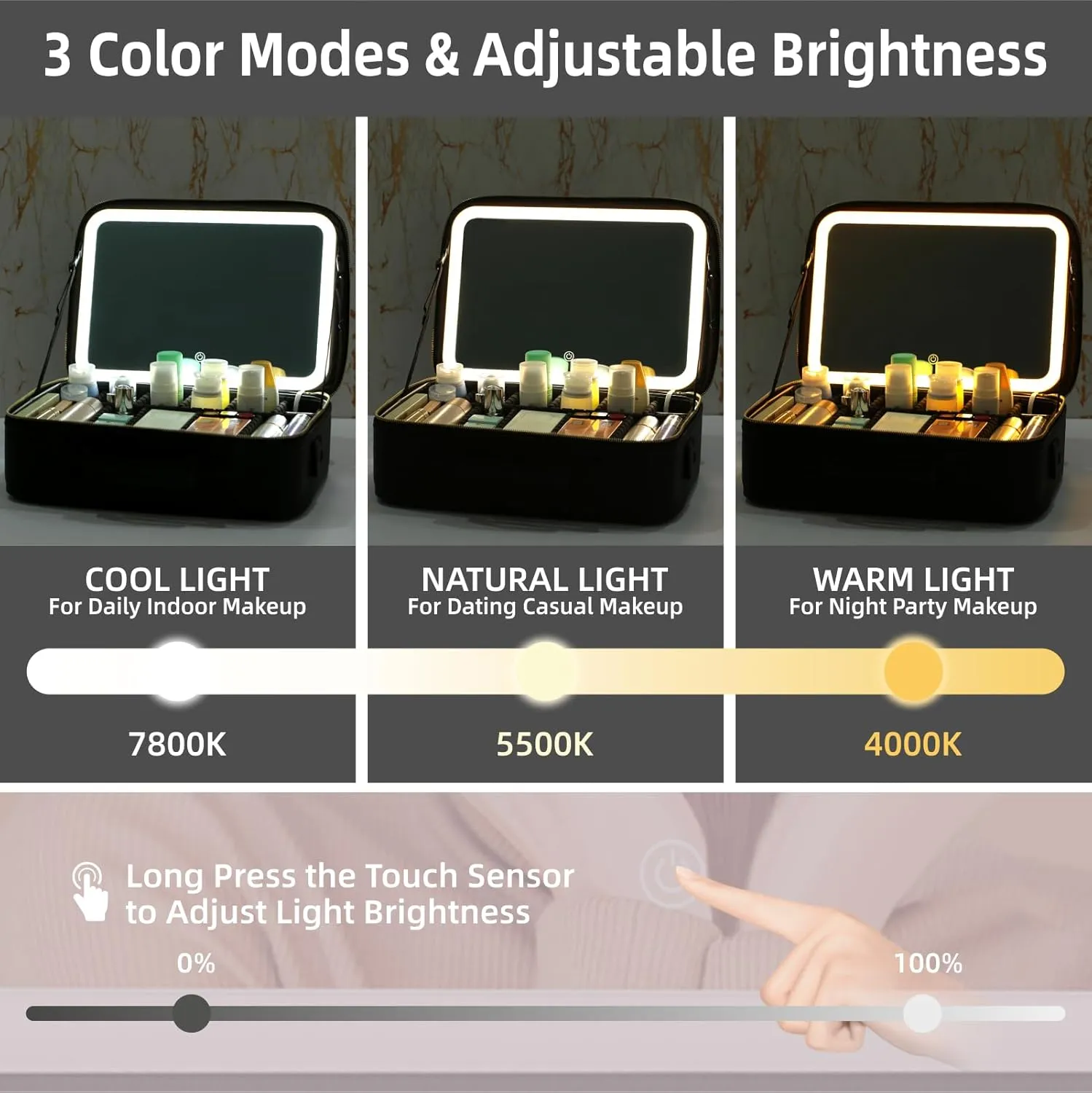 1511Professional Makeup Train Case,Large Waterproof Travel Makeup bag with Mirror and Light, Leather Black Make up Bag with Mirror and Light,Led Makeup Case with Adjustable Dividers
