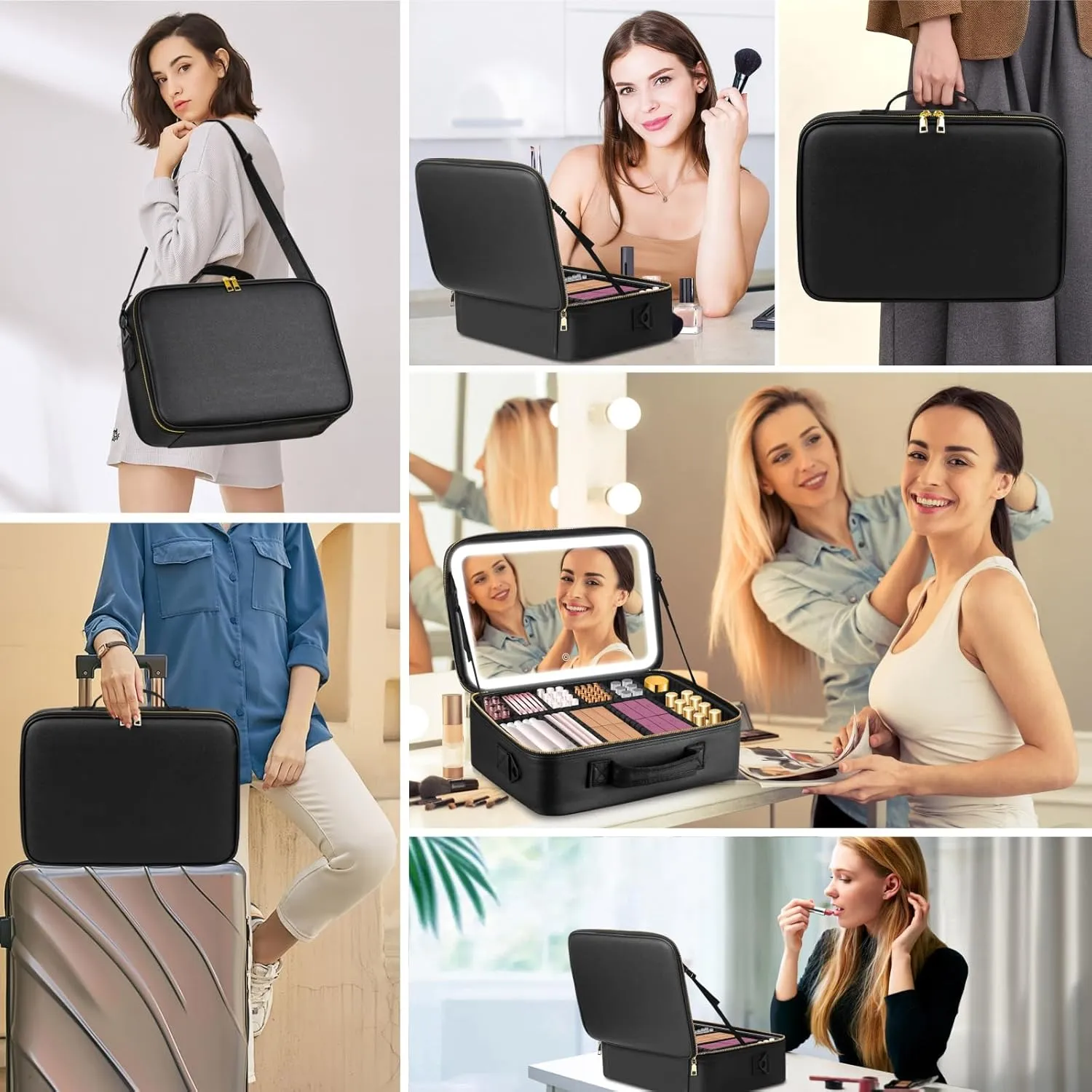 1511Professional Makeup Train Case,Large Waterproof Travel Makeup bag with Mirror and Light, Leather Black Make up Bag with Mirror and Light,Led Makeup Case with Adjustable Dividers