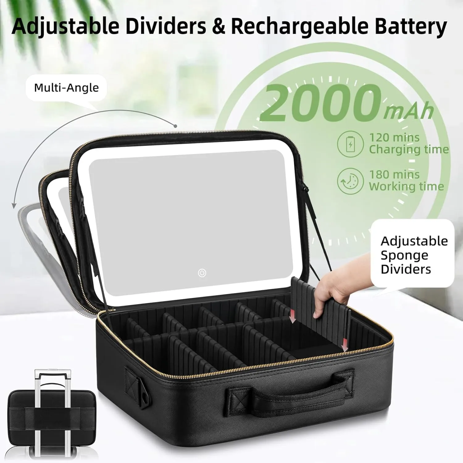 1511Professional Makeup Train Case,Large Waterproof Travel Makeup bag with Mirror and Light, Leather Black Make up Bag with Mirror and Light,Led Makeup Case with Adjustable Dividers