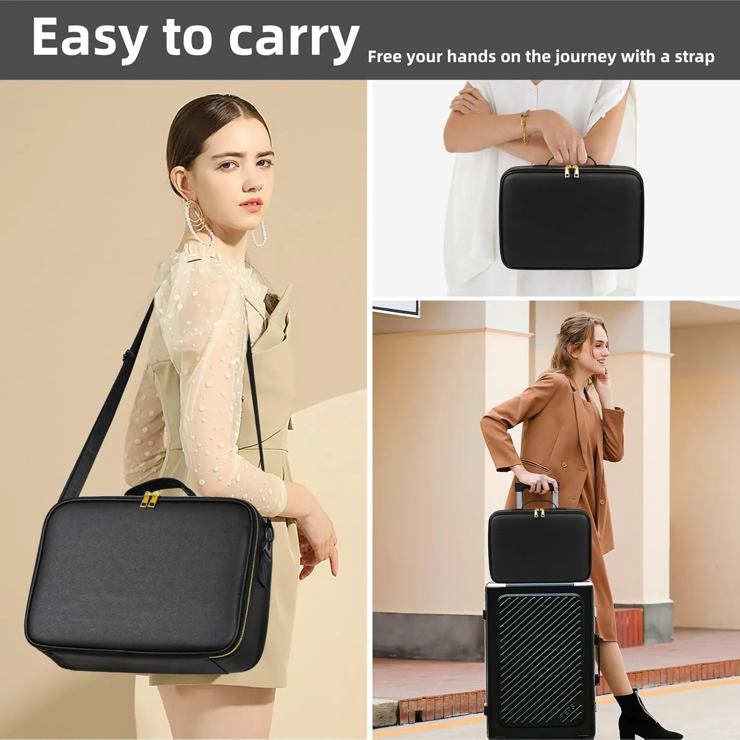 1511Professional Makeup Train Case,Large Waterproof Travel Makeup bag with Mirror and Light, Leather Black Make up Bag with Mirror and Light,Led Makeup Case with Adjustable Dividers