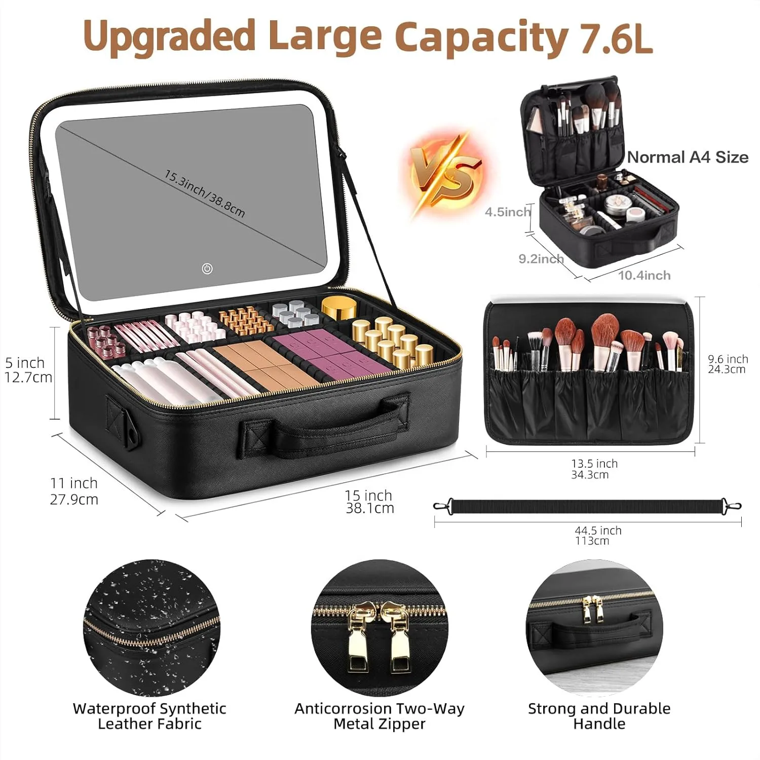 1511Professional Makeup Train Case,Large Waterproof Travel Makeup bag with Mirror and Light, Leather Black Make up Bag with Mirror and Light,Led Makeup Case with Adjustable Dividers