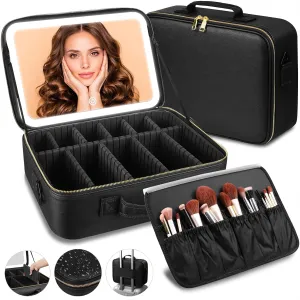 1511Professional Makeup Train Case,Large Waterproof Travel Makeup bag with Mirror and Light, Leather Black Make up Bag with Mirror and Light,Led Makeup Case with Adjustable Dividers