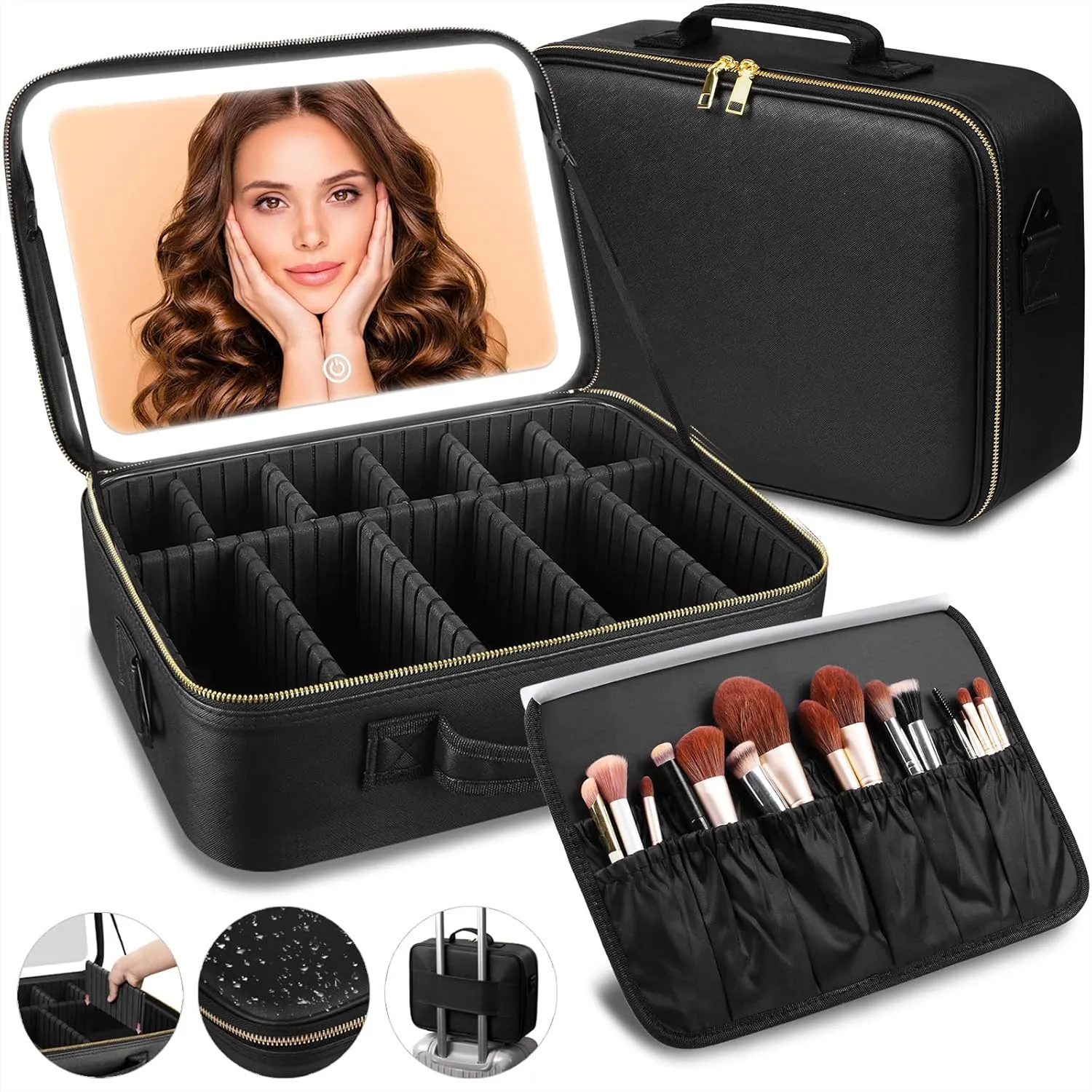 1511Professional Makeup Train Case,Large Waterproof Travel Makeup bag with Mirror and Light, Leather Black Make up Bag with Mirror and Light,Led Makeup Case with Adjustable Dividers