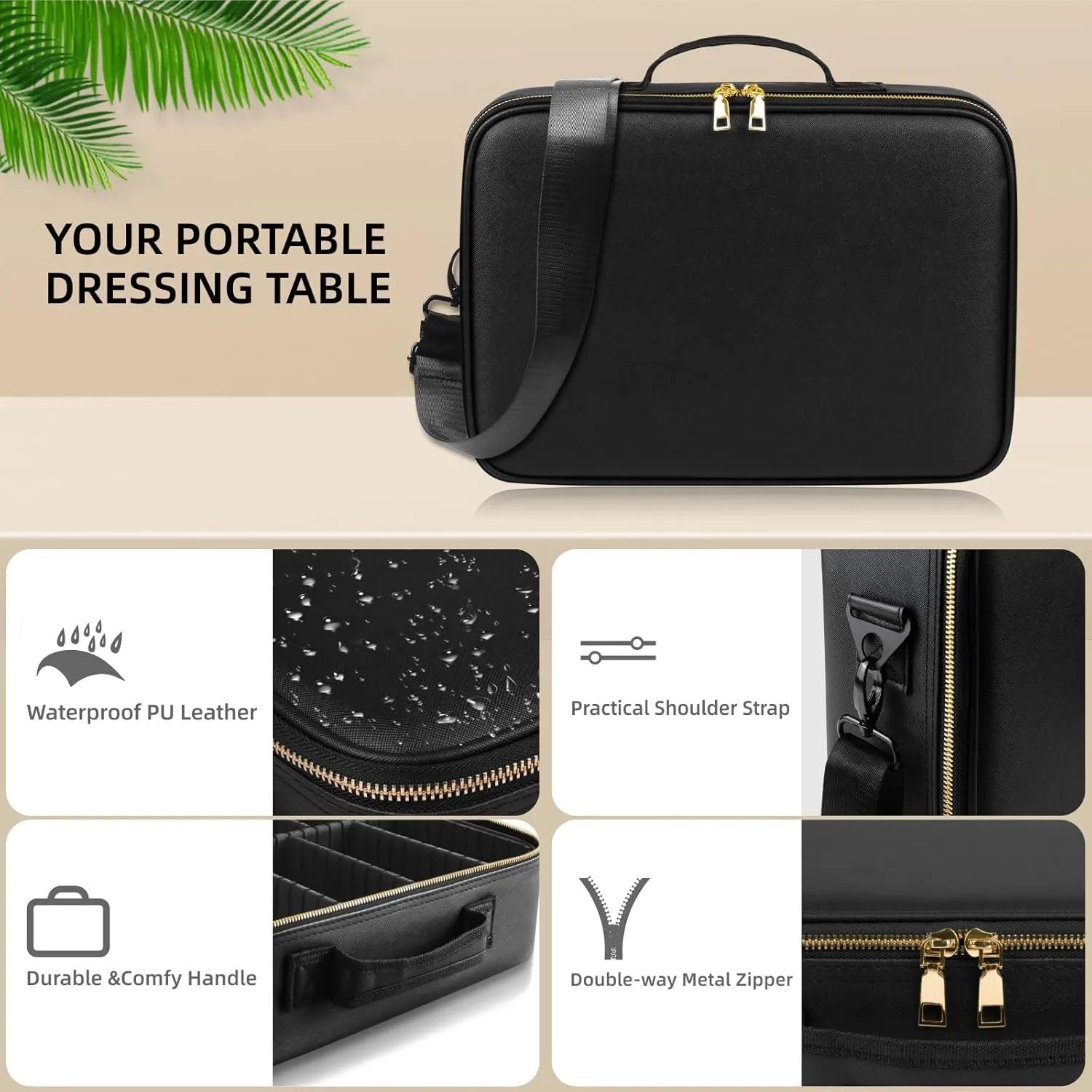 1511Professional Makeup Train Case,Large Waterproof Travel Makeup bag with Mirror and Light, Leather Black Make up Bag with Mirror and Light,Led Makeup Case with Adjustable Dividers