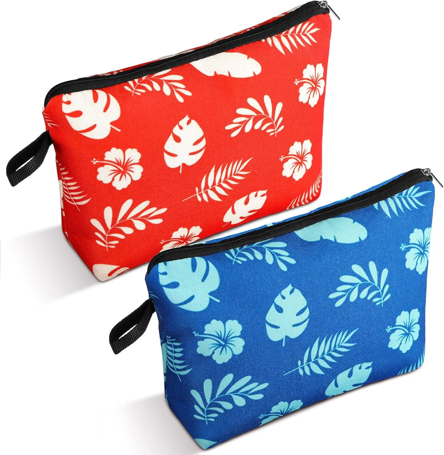 2 Pcs Cute Cartoon Pink Blue Cosmetic Bags for Women Hawaiian Hibiscus Flowers Palm Leaf Makeup Bag Mini Canvas Waterproof Aloha Zipper Purse Travel Toiletry Organizer Pouch for Ladies