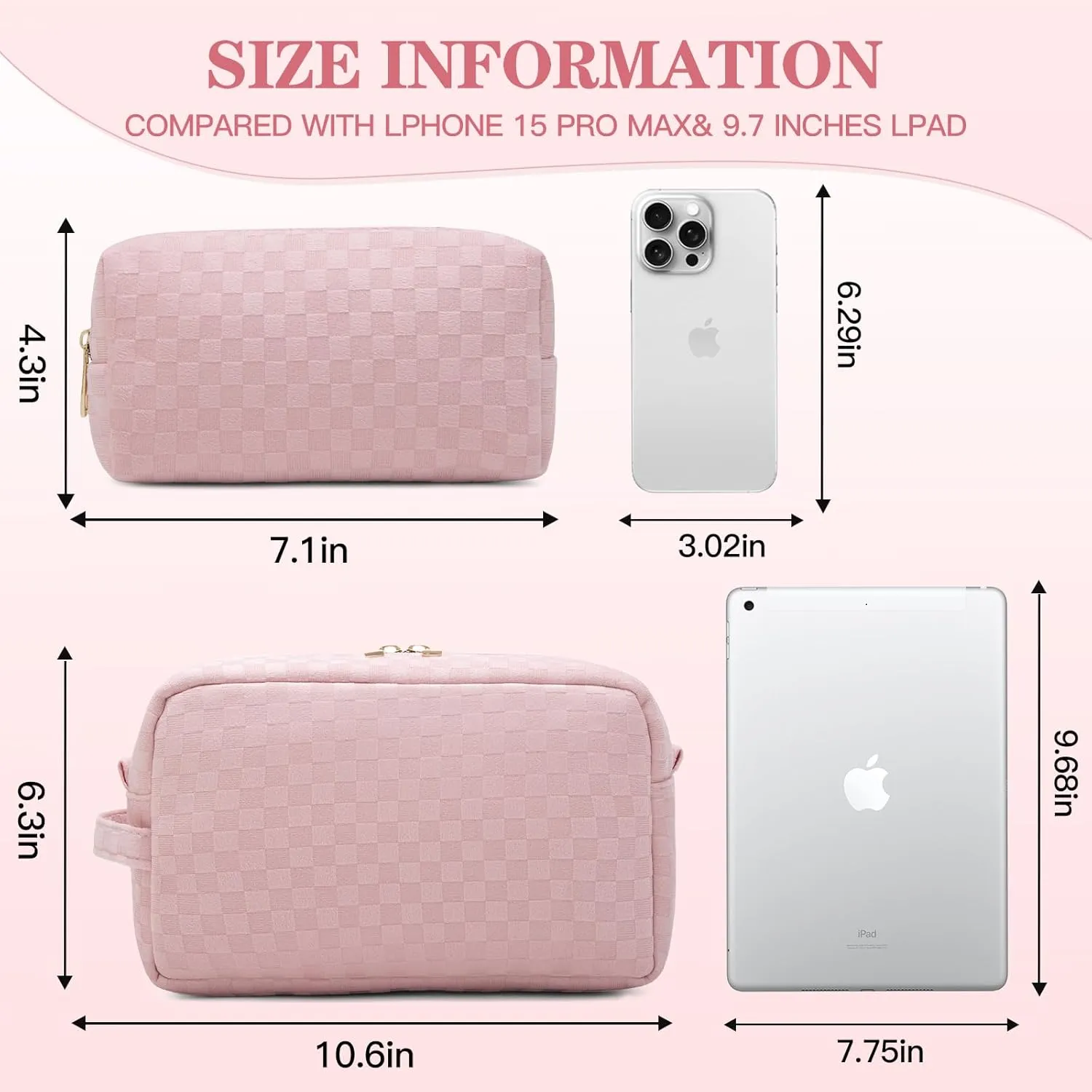 2 Pieces Large Checkered Makeup Bag Cosmetic Bag for Women Travel Toiletry Make Up Brush Bag Pack Organizer Gifts for Teen Girls (Light Pink)
