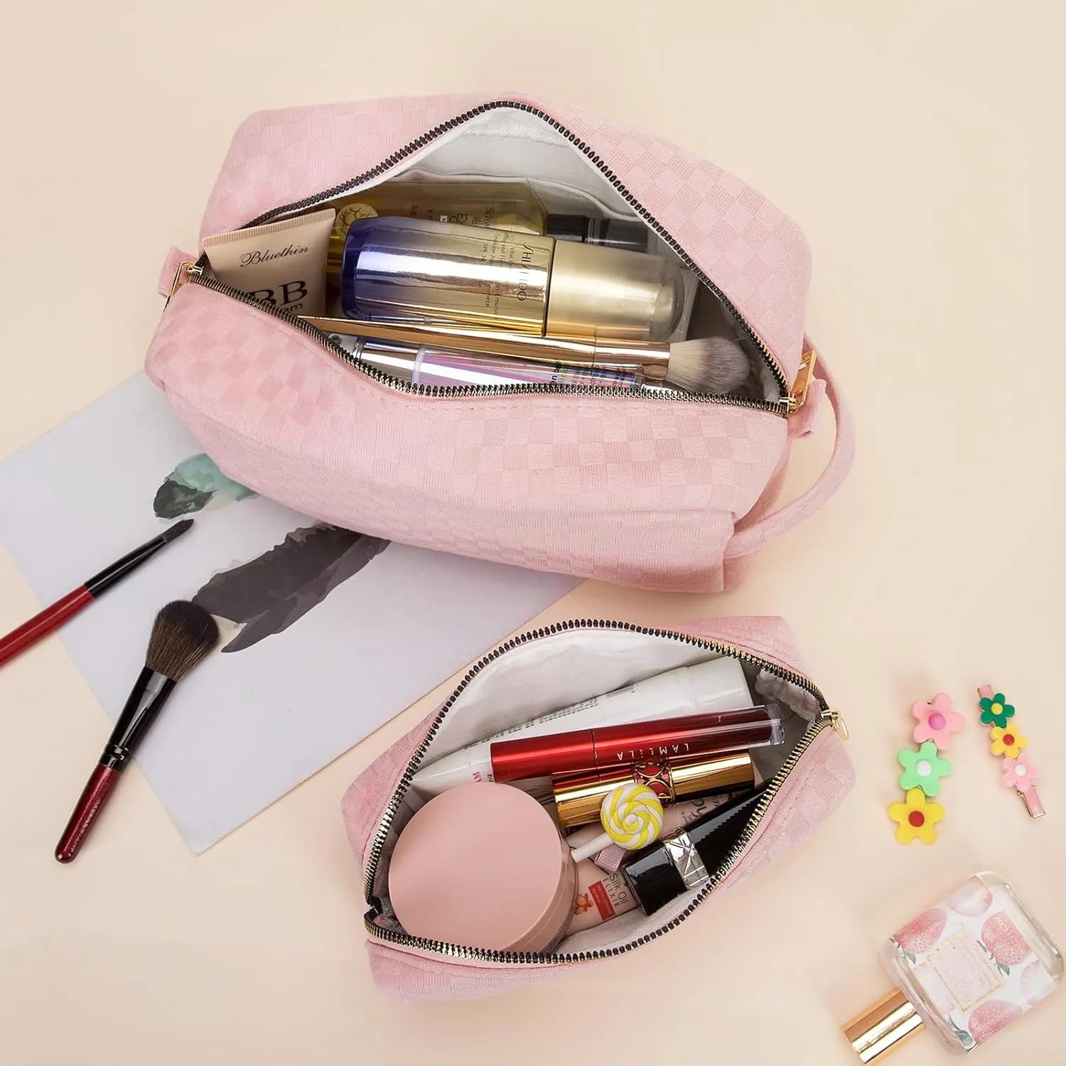 2 Pieces Large Checkered Makeup Bag Cosmetic Bag for Women Travel Toiletry Make Up Brush Bag Pack Organizer Gifts for Teen Girls (Light Pink)