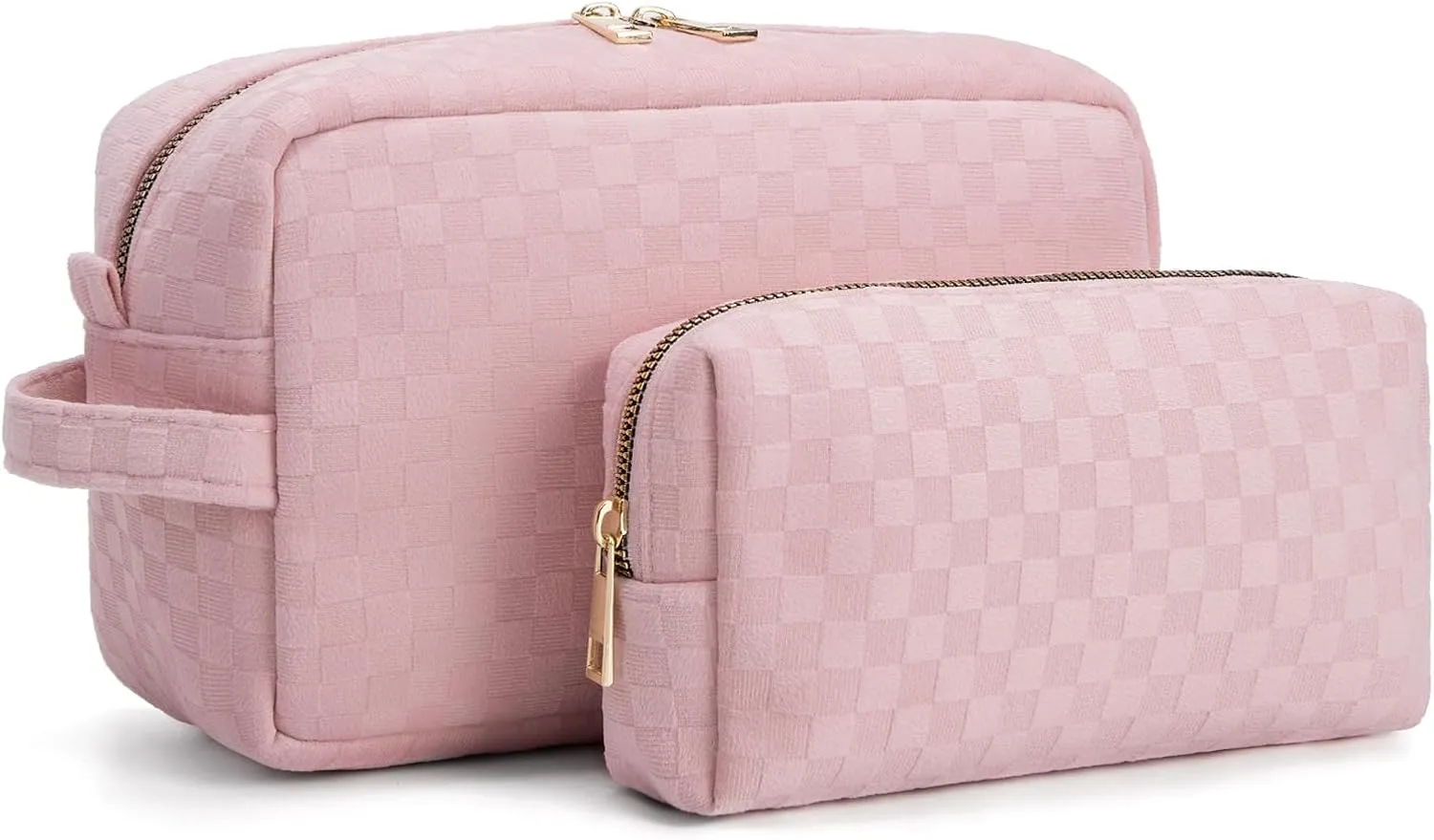2 Pieces Large Checkered Makeup Bag Cosmetic Bag for Women Travel Toiletry Make Up Brush Bag Pack Organizer Gifts for Teen Girls (Light Pink)