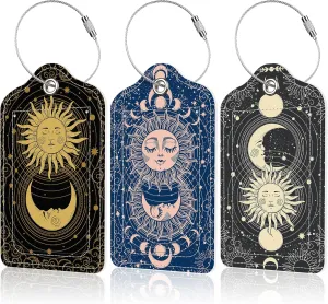 3 Pack Sun and Moon Luggage Tag for Suitcases Modern Mystical PU Leather Bag Travel Suitcase ID Identifier Baggage Tags for Women Men Travel