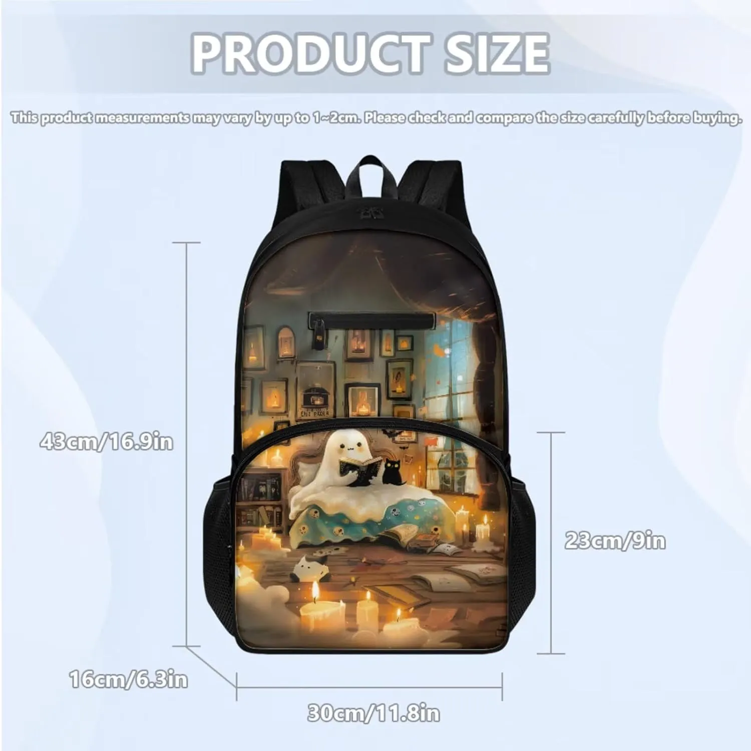 3 Pcs Backpack Set, Multi-Functional Laptop Bag 17 In Water Resistant Travel Daypack, Large Capacity Double Shoulder Backpack With Lunch Bag Cute Book Ghost Pattern