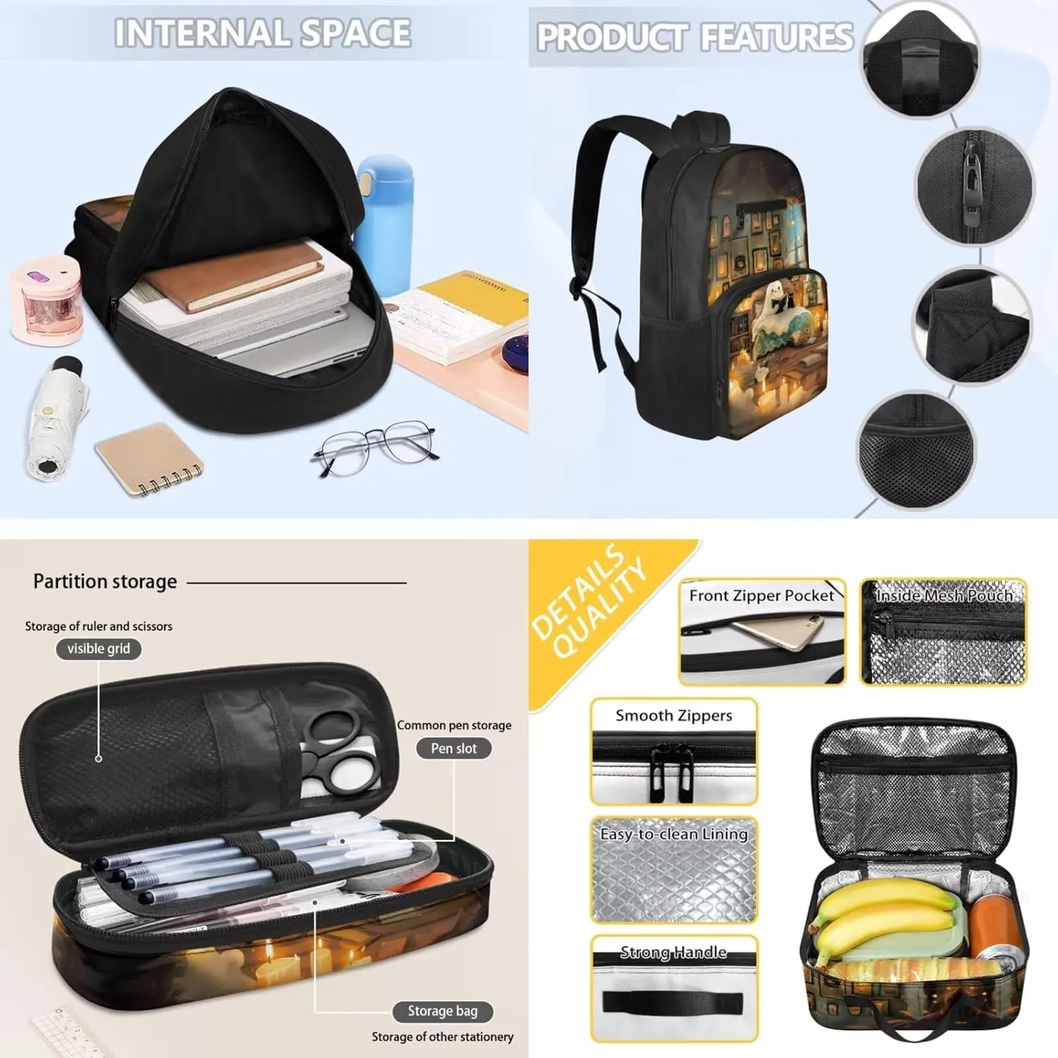3 Pcs Backpack Set, Multi-Functional Laptop Bag 17 In Water Resistant Travel Daypack, Large Capacity Double Shoulder Backpack With Lunch Bag Cute Book Ghost Pattern