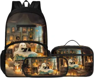 3 Pcs Backpack Set, Multi-Functional Laptop Bag 17 In Water Resistant Travel Daypack, Large Capacity Double Shoulder Backpack With Lunch Bag Cute Book Ghost Pattern