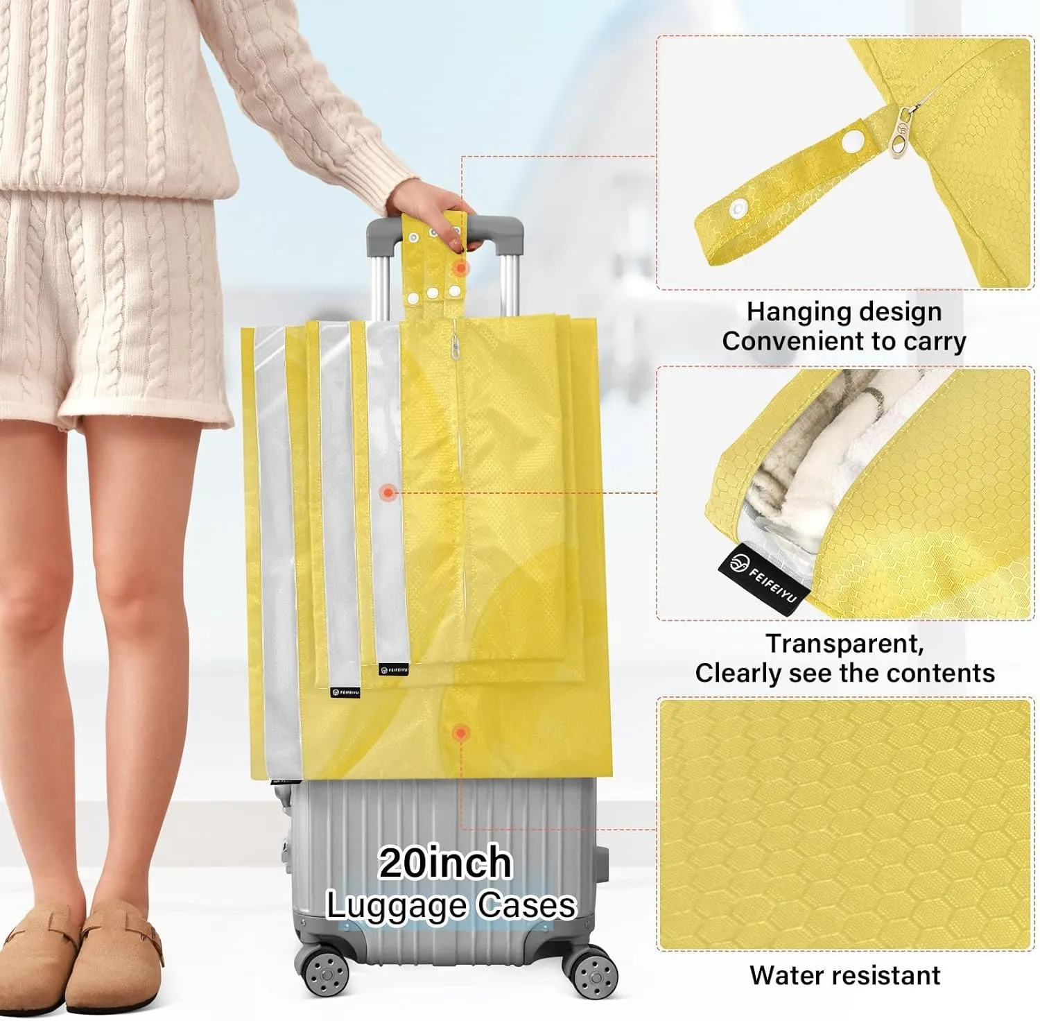 3 Set Travel Packing Cubes For Suitcases, Light Yellow Pattern, Stackable, Garment Bag Closet Storage, Luggage Space Saver, Luggages Management Personnel