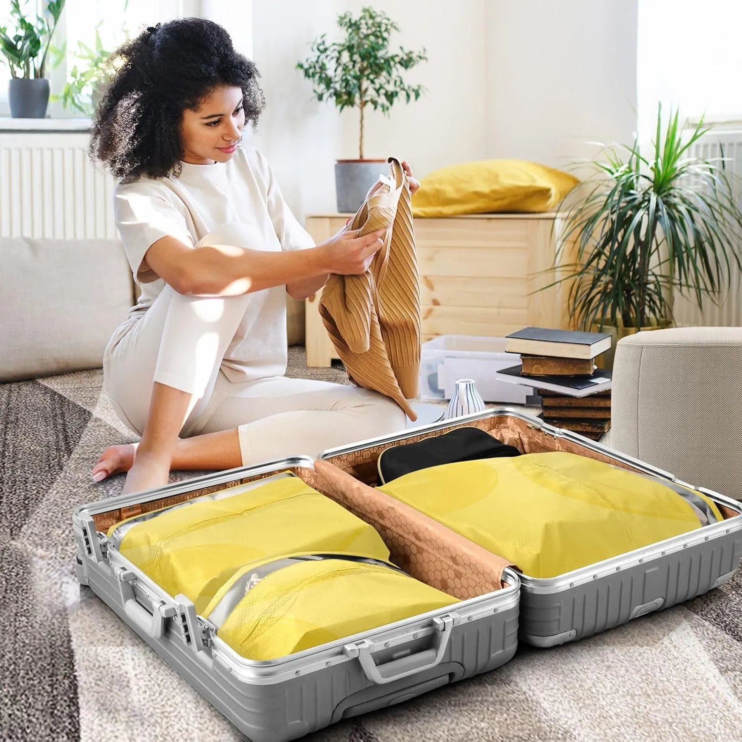 3 Set Travel Packing Cubes For Suitcases, Light Yellow Pattern, Stackable, Garment Bag Closet Storage, Luggage Space Saver, Luggages Management Personnel