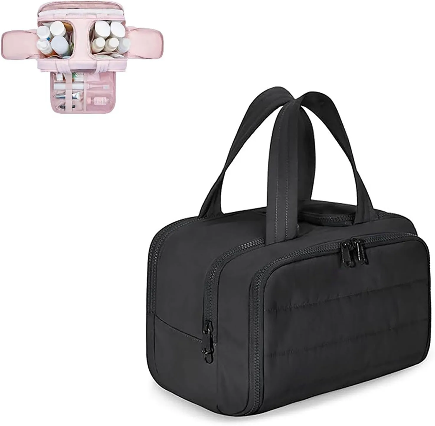4-In-1 Puffy Multi-Functional Toiletry Bag for Women, Lightweight Large Wide-Open Large Toiletry Bags for Women, Cosmetic Makeup Bag Organizer with Handle for Accessories (Black)