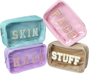 4Pcs Storage Bag for Skin Face Hair Stuff with Chenille Letter,Transparent PVC,Waterproof Nylon,Cosmetic Bag Makeup Pouch with Zipper(Light Green, Purple, Pink, Khaki)