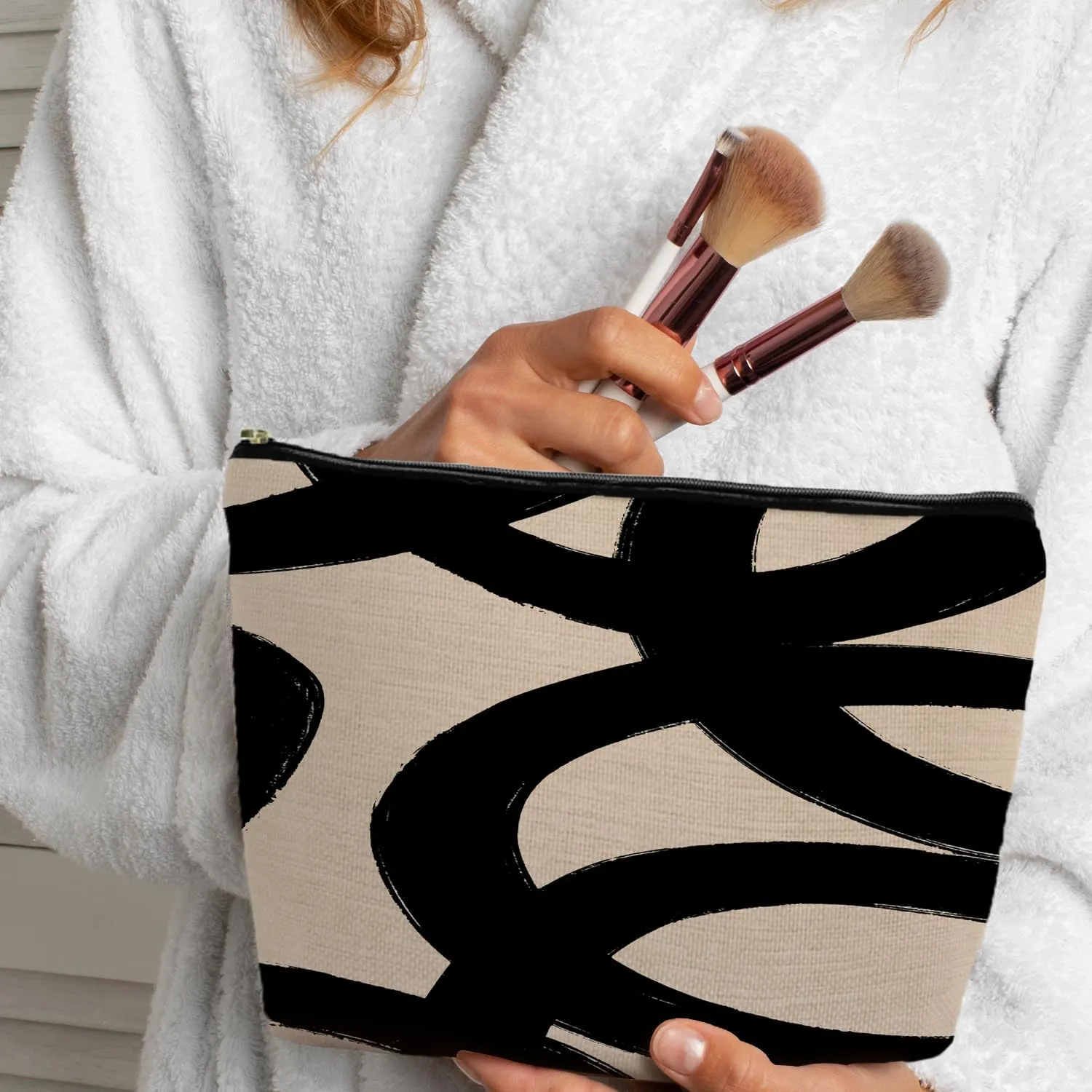 Abstract Beige and Black Makeup Bag, Beige and Black Line Art Cosmetic Bag for Women, Black and Beige Pouch for Women, Mid Century Modern Makeup Pouch