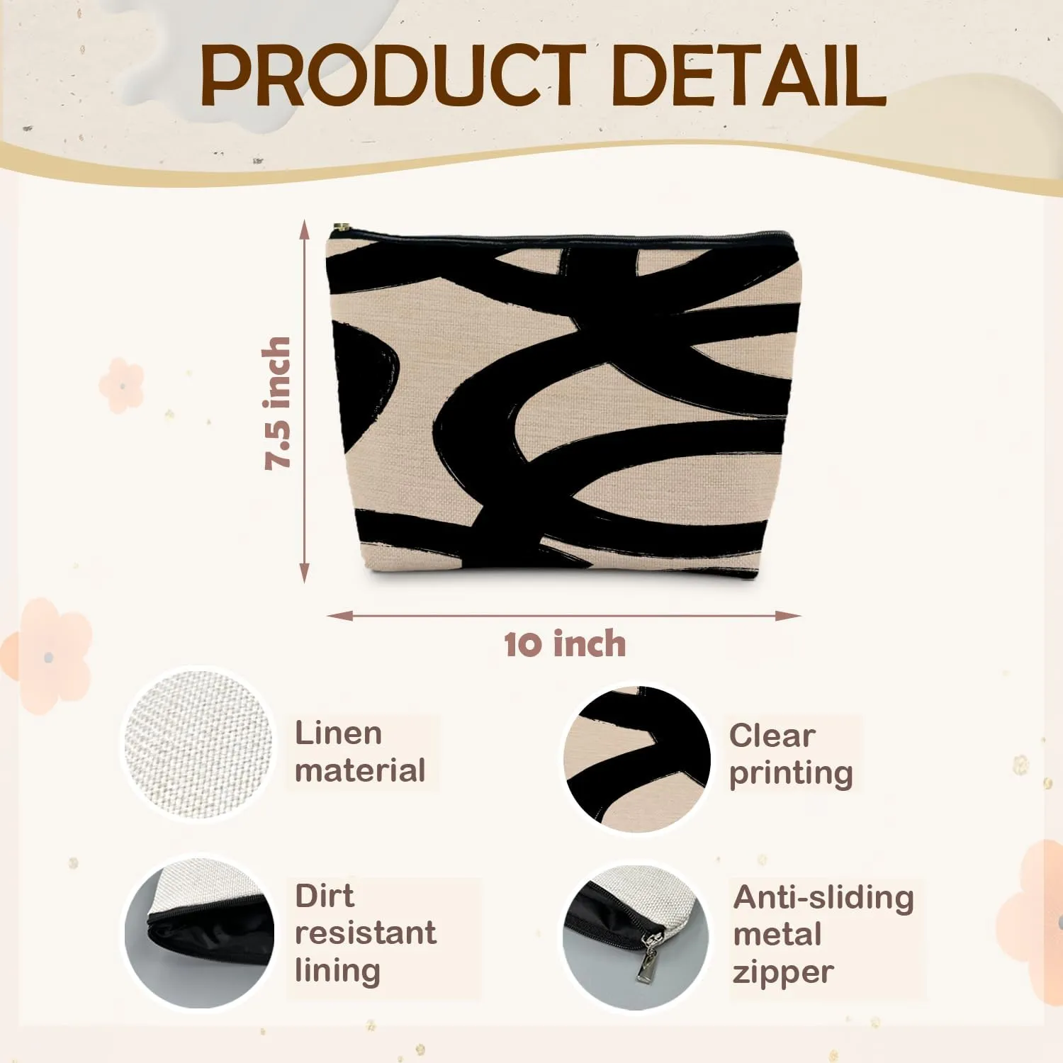 Abstract Beige and Black Makeup Bag, Beige and Black Line Art Cosmetic Bag for Women, Black and Beige Pouch for Women, Mid Century Modern Makeup Pouch