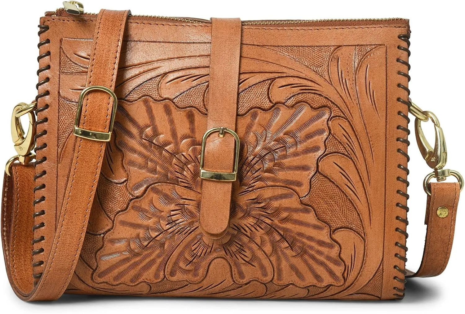 ADYAN Western Leather Crossbody Bags for Women Sling Bag Satchel Bag Hand-tooled Floral Carving Girl Purse for stylish look