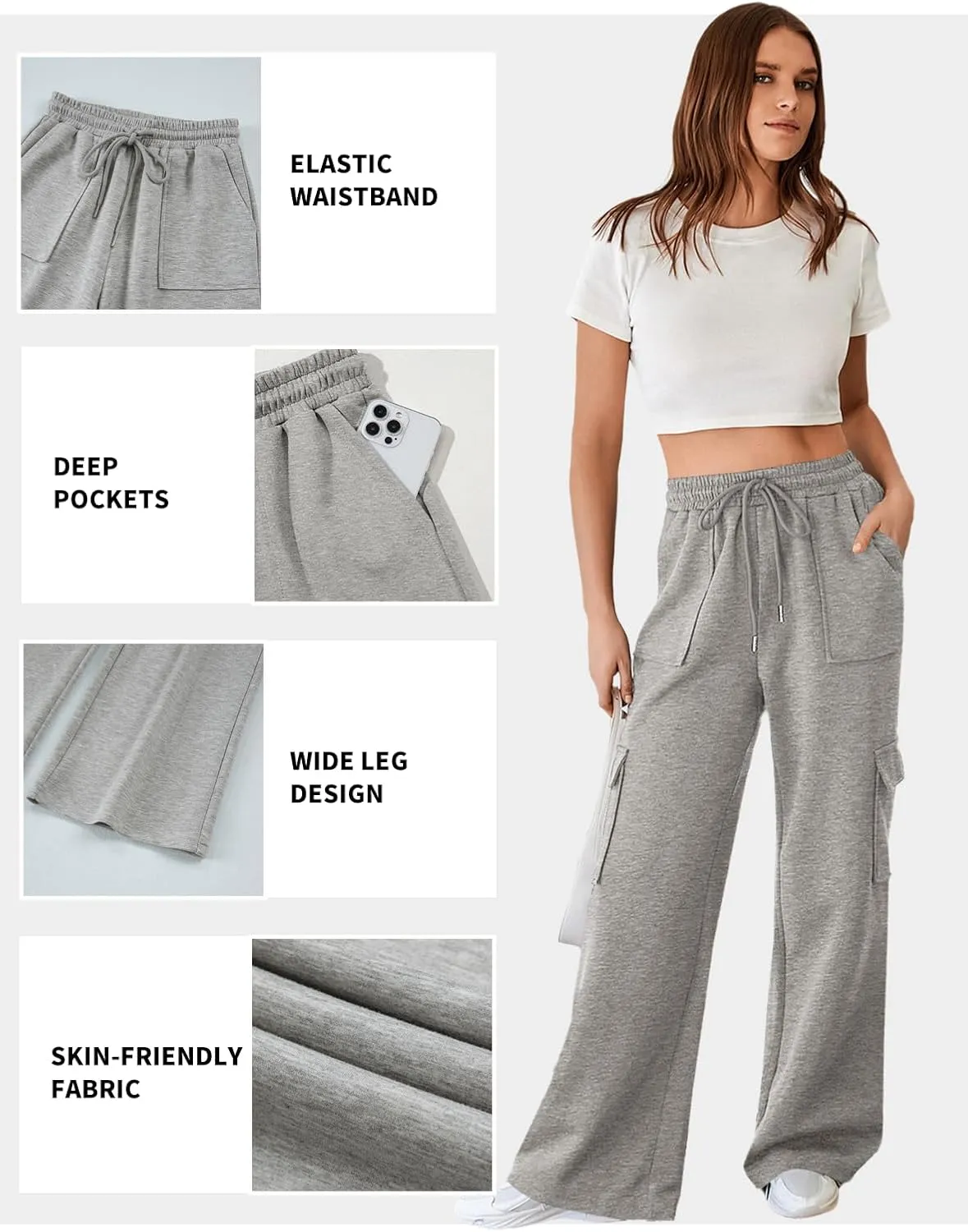 Aleumdr Women's Cargo Sweatpants High Waisted Wide Leg Pants Athletic Casual Baggy Sweat Pants with Pockets