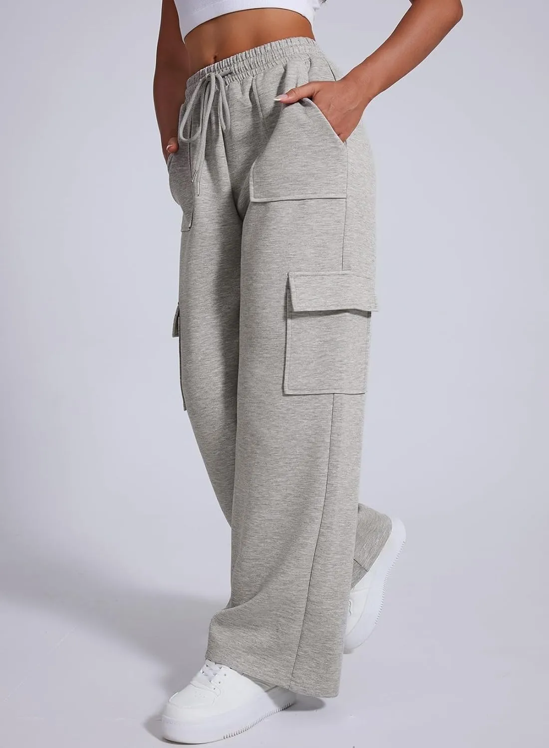 Aleumdr Women's Cargo Sweatpants High Waisted Wide Leg Pants Athletic Casual Baggy Sweat Pants with Pockets