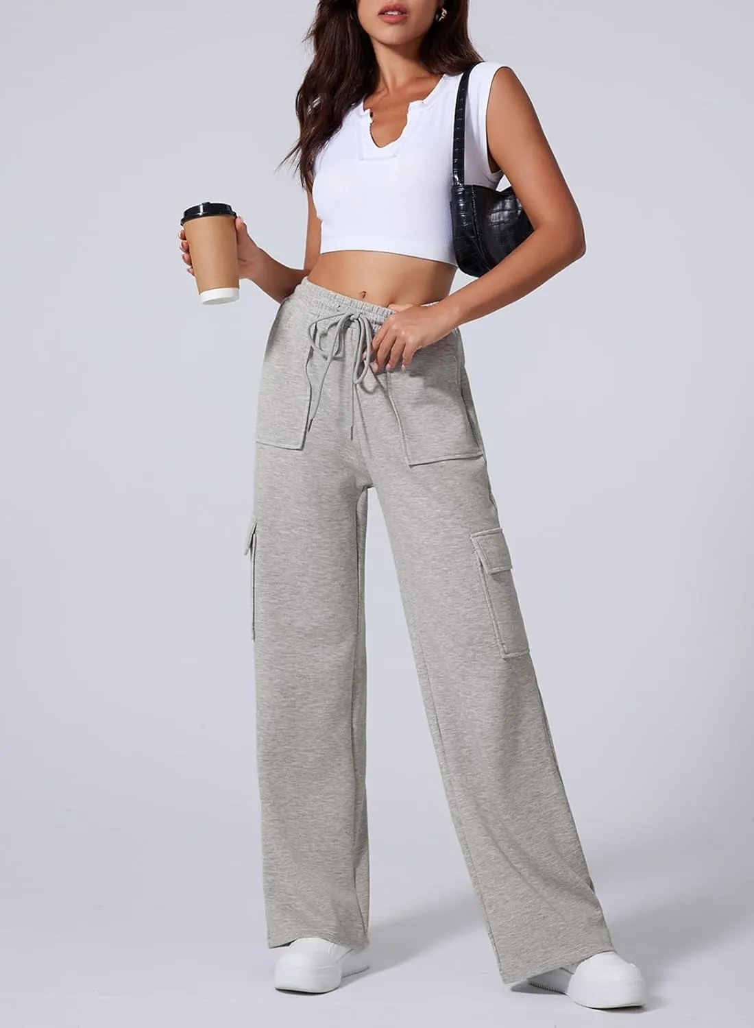 Aleumdr Women's Cargo Sweatpants High Waisted Wide Leg Pants Athletic Casual Baggy Sweat Pants with Pockets