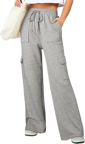 Aleumdr Women's Cargo Sweatpants High Waisted Wide Leg Pants Athletic Casual Baggy Sweat Pants with Pockets