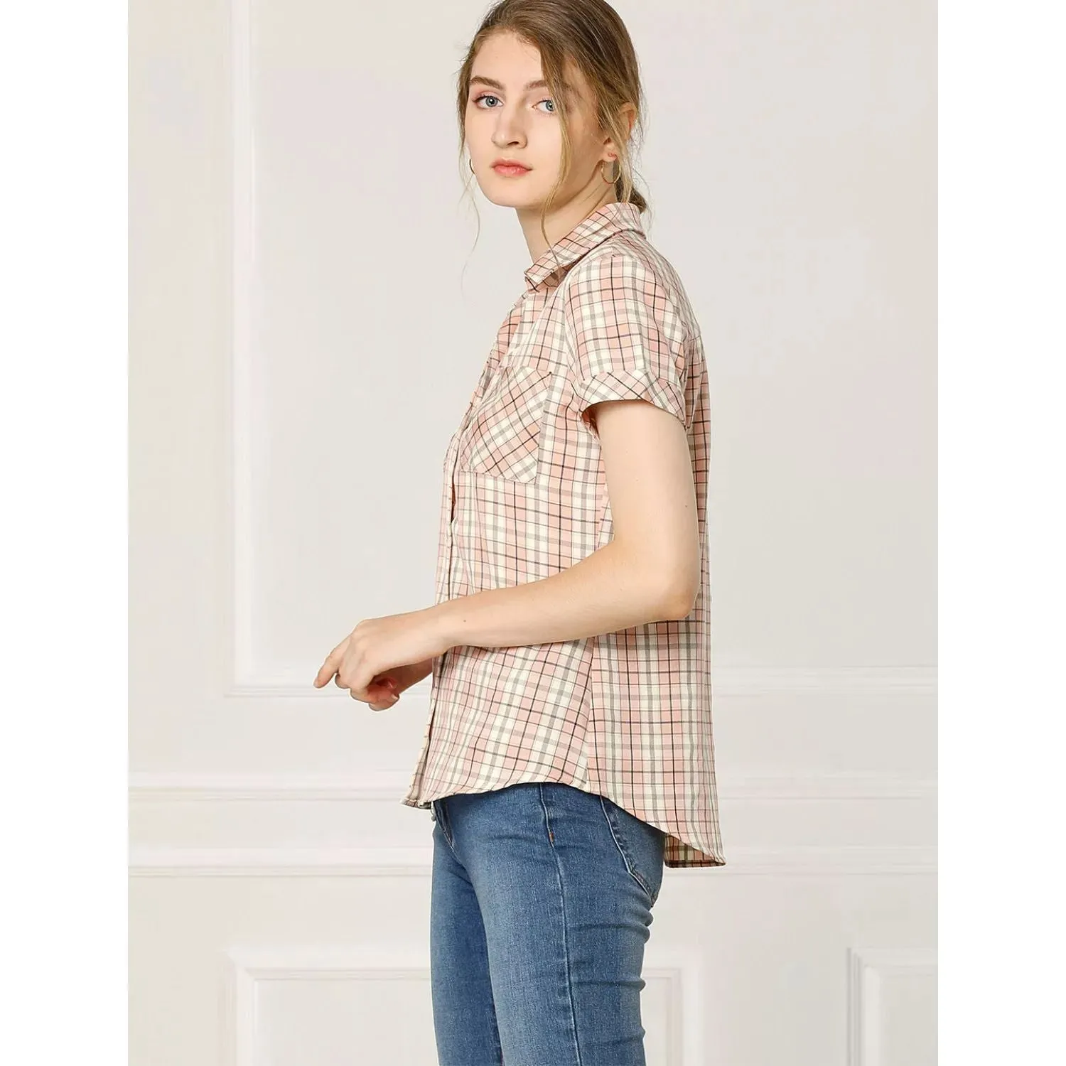 ALLEGRA K Women's Cotton Plaid Short Sleeve Button Front Boyfriend Shirt ,  pink