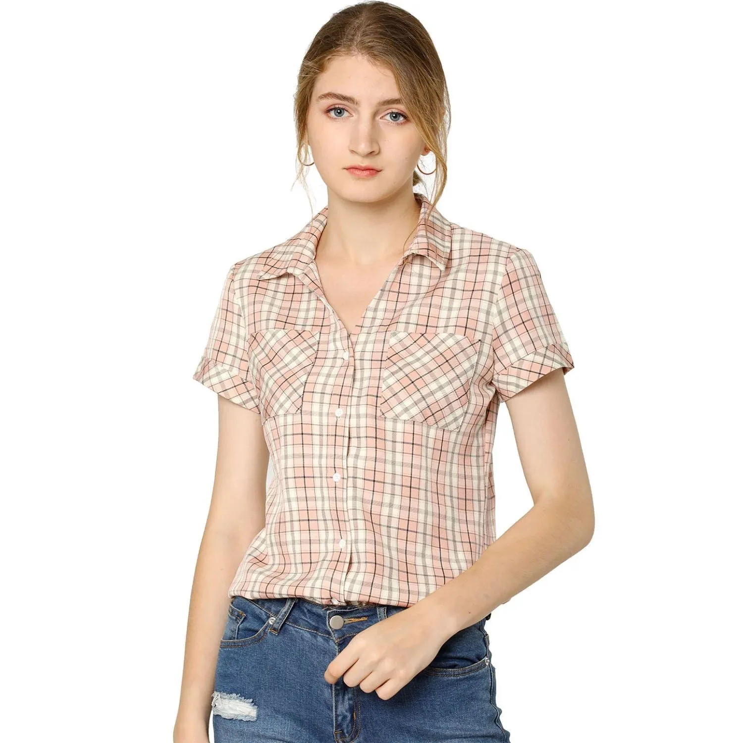 ALLEGRA K Women's Cotton Plaid Short Sleeve Button Front Boyfriend Shirt ,  pink