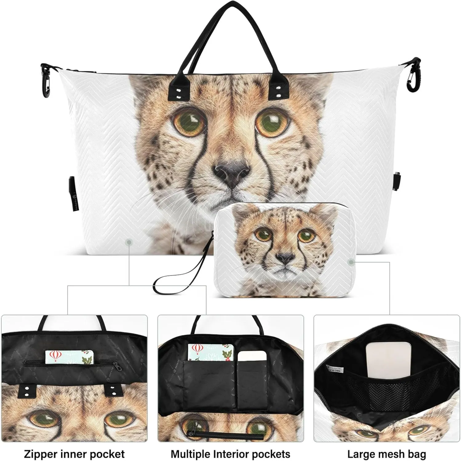 an Adorable Cheetah Cat Looking into the Camera Travel Duffel Bags Cosmetic Pouch Set of 2, Modern Womens Gym Duffle Bag Overnight Bag