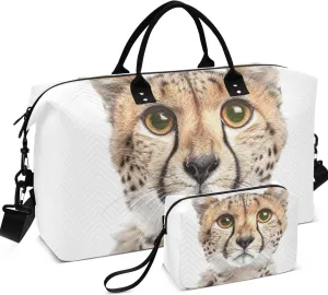 an Adorable Cheetah Cat Looking into the Camera Travel Duffel Bags Cosmetic Pouch Set of 2, Modern Womens Gym Duffle Bag Overnight Bag