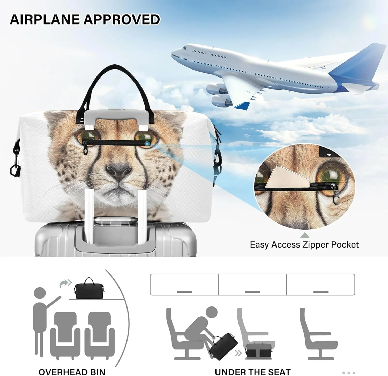 an Adorable Cheetah Cat Looking into the Camera Travel Duffel Bags Cosmetic Pouch Set of 2, Modern Womens Gym Duffle Bag Overnight Bag