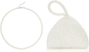 BABEYOND Round Imitation Pearl Necklace Wedding Pearl Necklace for Brides Pearl Clutch Purse Evening Bags Elegant Triangle Purse