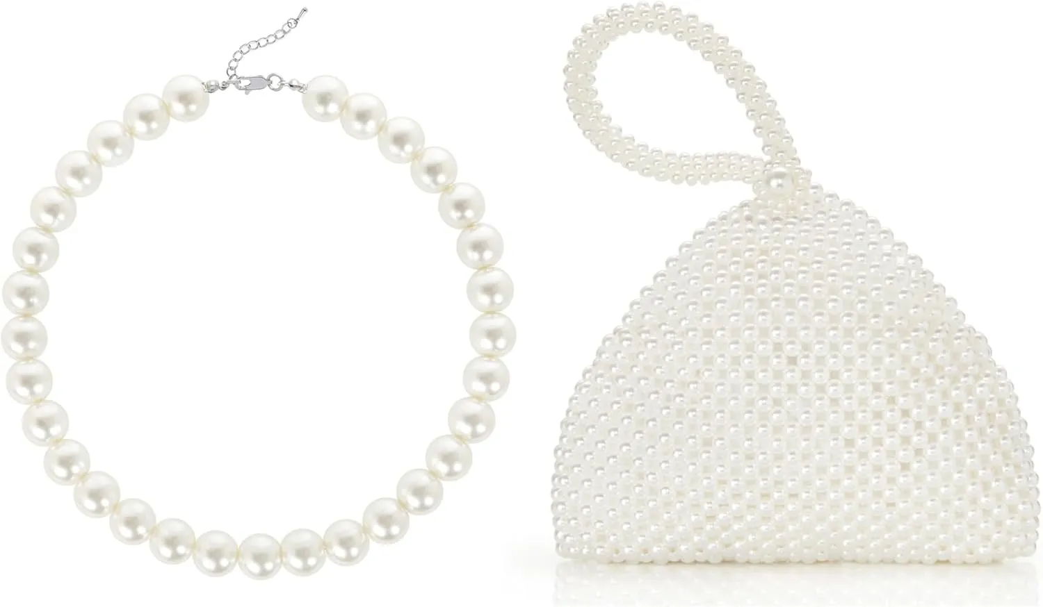 BABEYOND Round Imitation Pearl Necklace Wedding Pearl Necklace for Brides Pearl Clutch Purse Evening Bags for Women Elegant Triangle Purse
