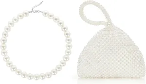 BABEYOND Round Imitation Pearl Necklace Wedding Pearl Necklace for Brides Pearl Clutch Purse Evening Bags for Women Elegant Triangle Purse