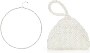 BABEYOND Round Imitation Pearl Necklace Wedding Pearl Necklace for Brides Pearl Clutch Purse Evening Bags for Women Elegant Triangle Purse