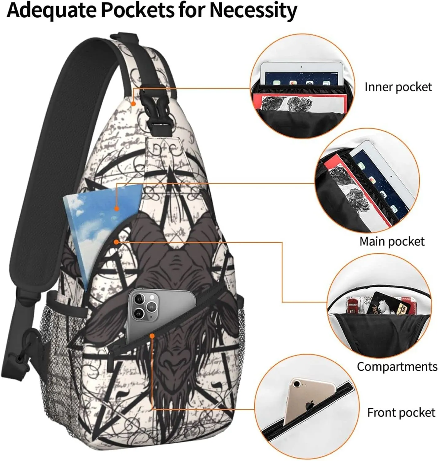bassyil Goat Skull Sling Bag Crossbody Travel Hiking Chest Backpack Shoulder Daypack for Women Men One Size