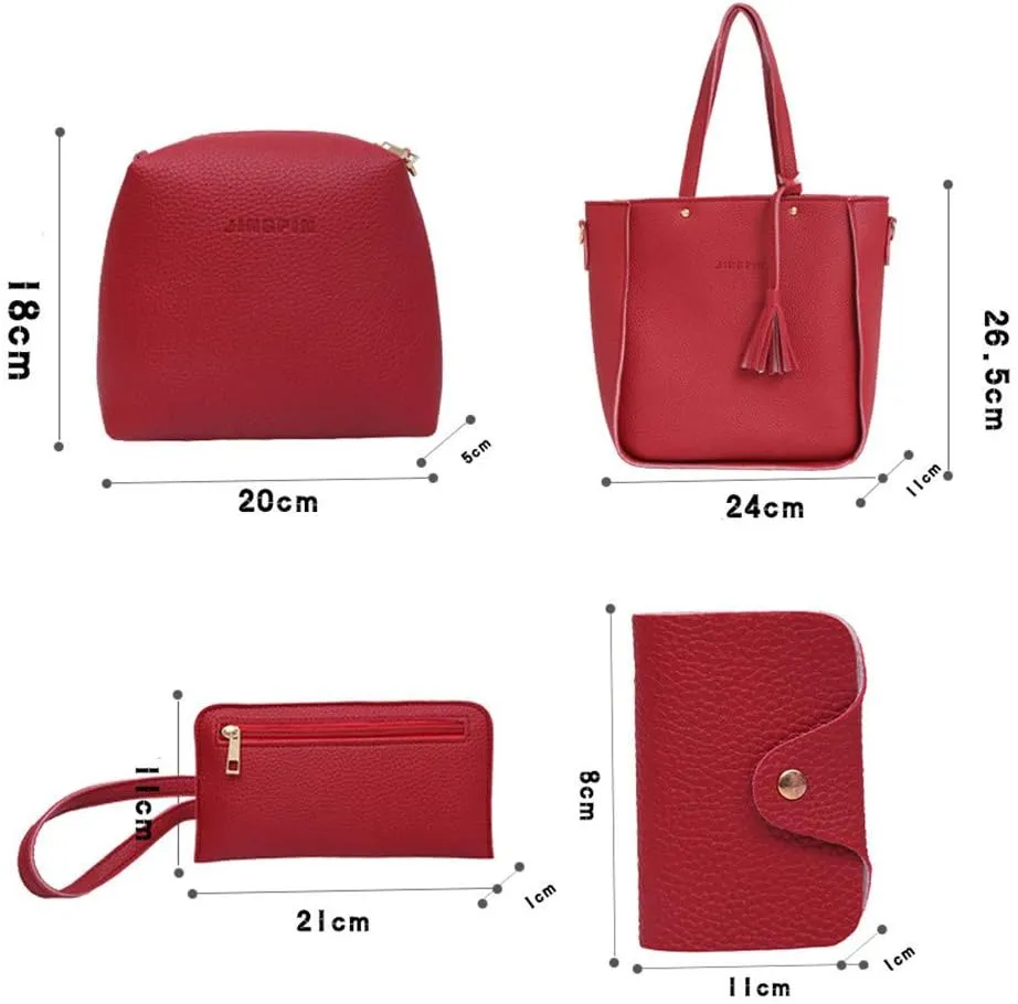 Beach Tote Bag 4 Packet Solid Color Leather Handbags Shoulder Bags Crossbody Hobo Bags Card Purse Work Travel Essential V