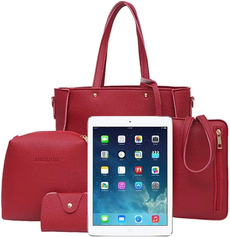 Beach Tote Bag 4 Packet Solid Color Leather Handbags Shoulder Bags Crossbody Hobo Bags Card Purse Work Travel Essential V