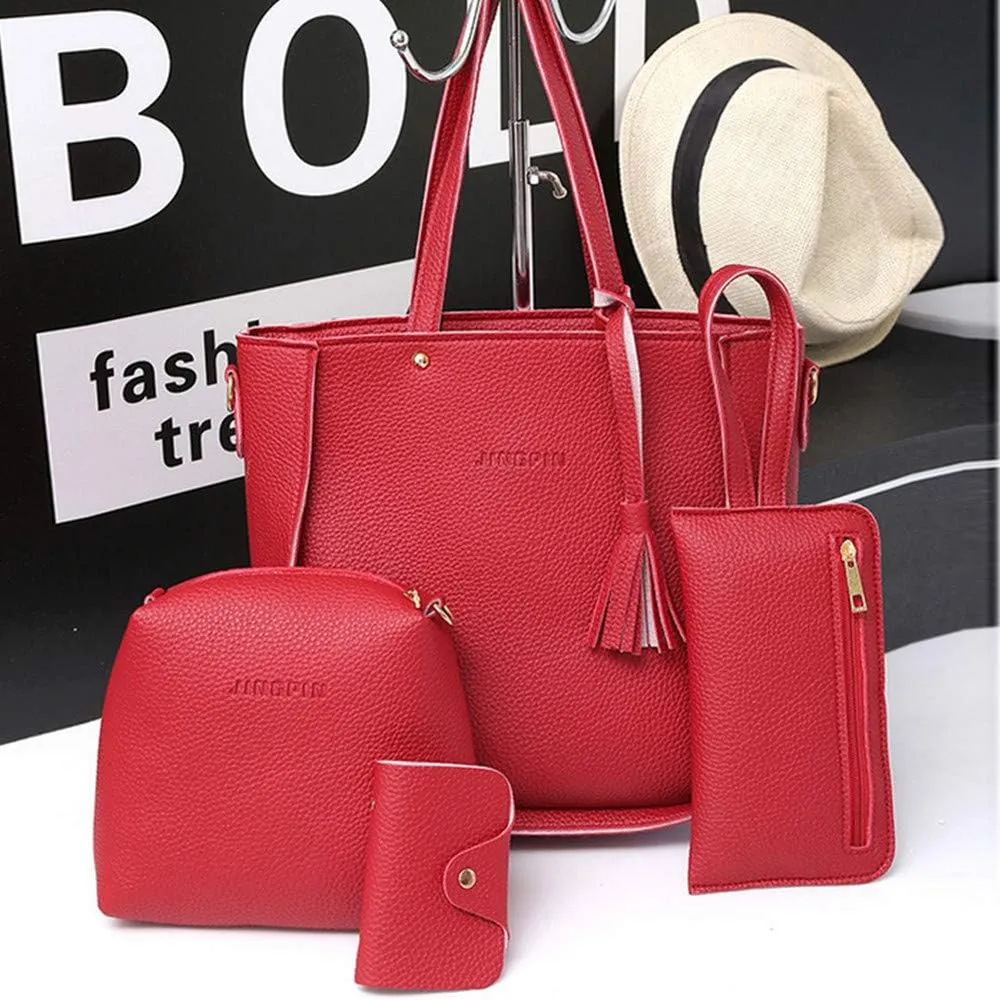 Beach Tote Bag 4 Packet Solid Color Leather Handbags Shoulder Bags Crossbody Hobo Bags Card Purse Work Travel Essential V