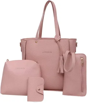 Beach Tote Bag 4 Packet Solid Color Leather Handbags Shoulder Bags Crossbody Hobo Bags Card Purse Work Travel Essential V