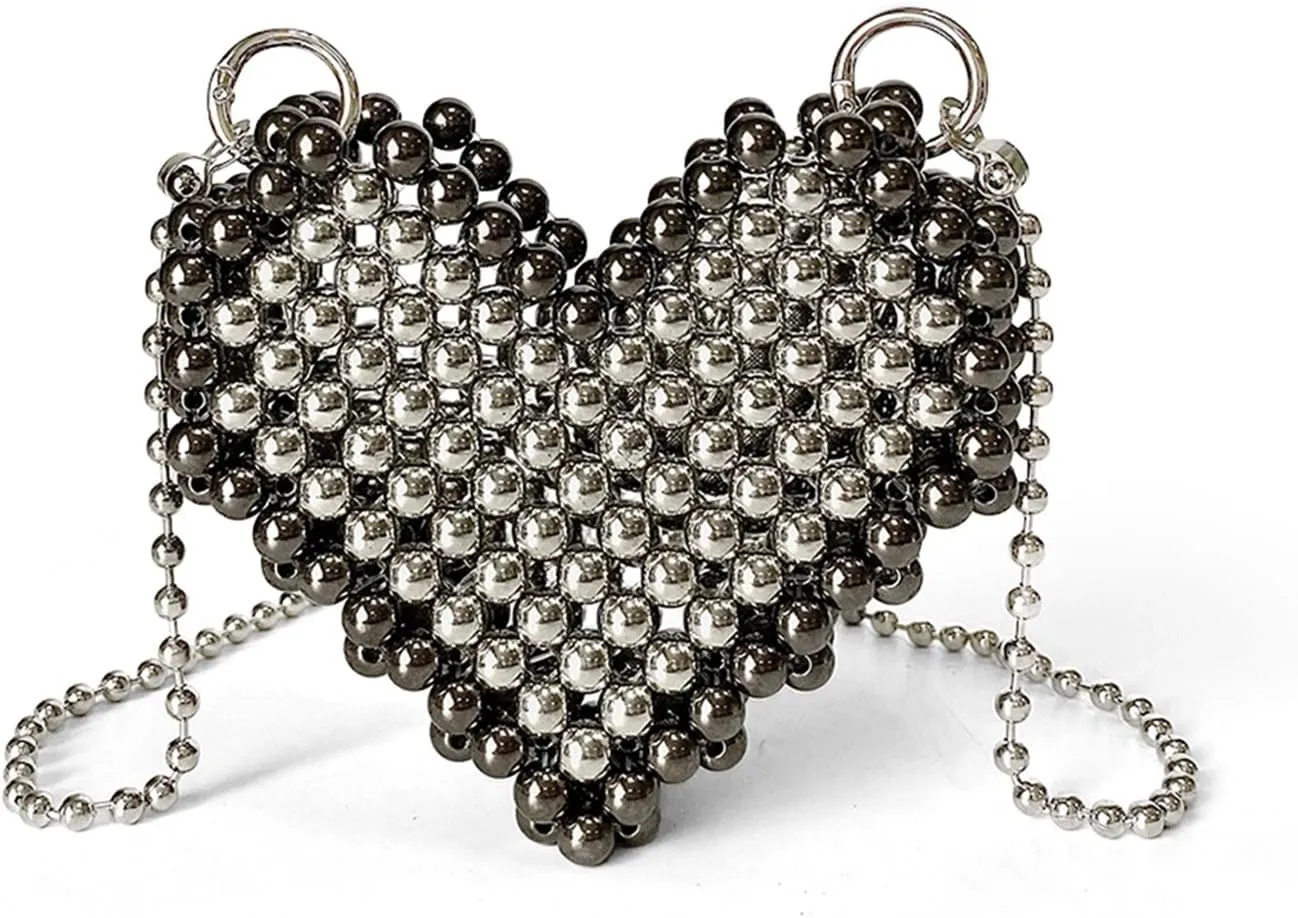 Beaded Purse Heart Beaded Crossbody Bags for Women Y2K Cute Bag Fashion Purse with Rope Strap Party Daily Streetwear Bags