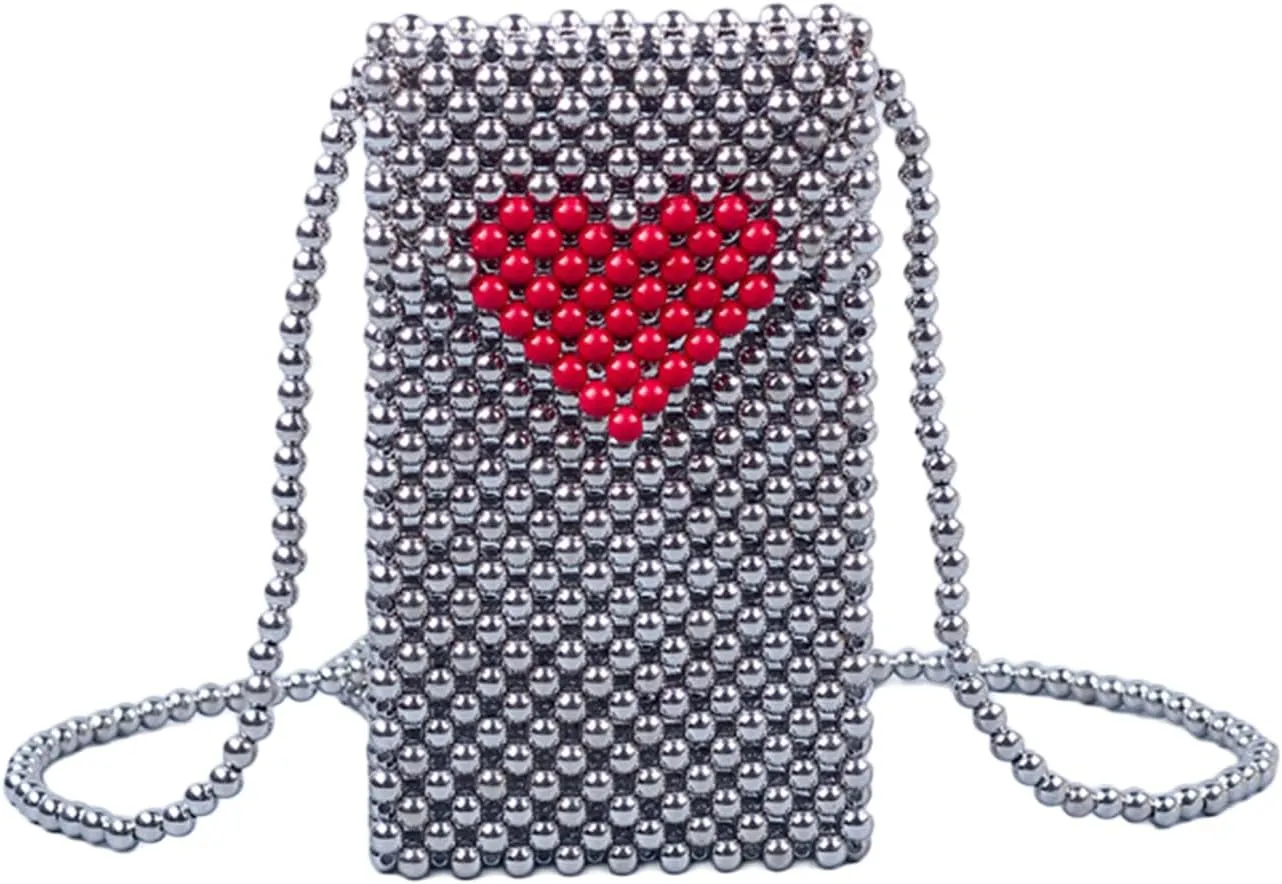 Beaded Purse Heart Beaded Crossbody Bags for Women Y2K Cute Cell Phone Bag Fashion Purse with Rope Strap Party Daily Bags