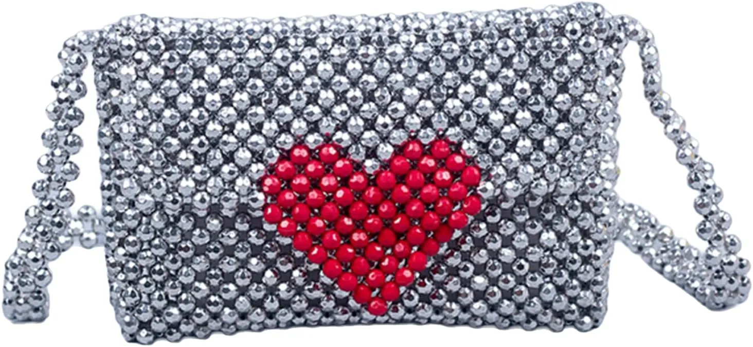 Beaded Purse Heart Beaded Crossbody Handmade Bags for Women Y2K Cute Bag Fashion Purse with Rope Strap Party Daily Bags