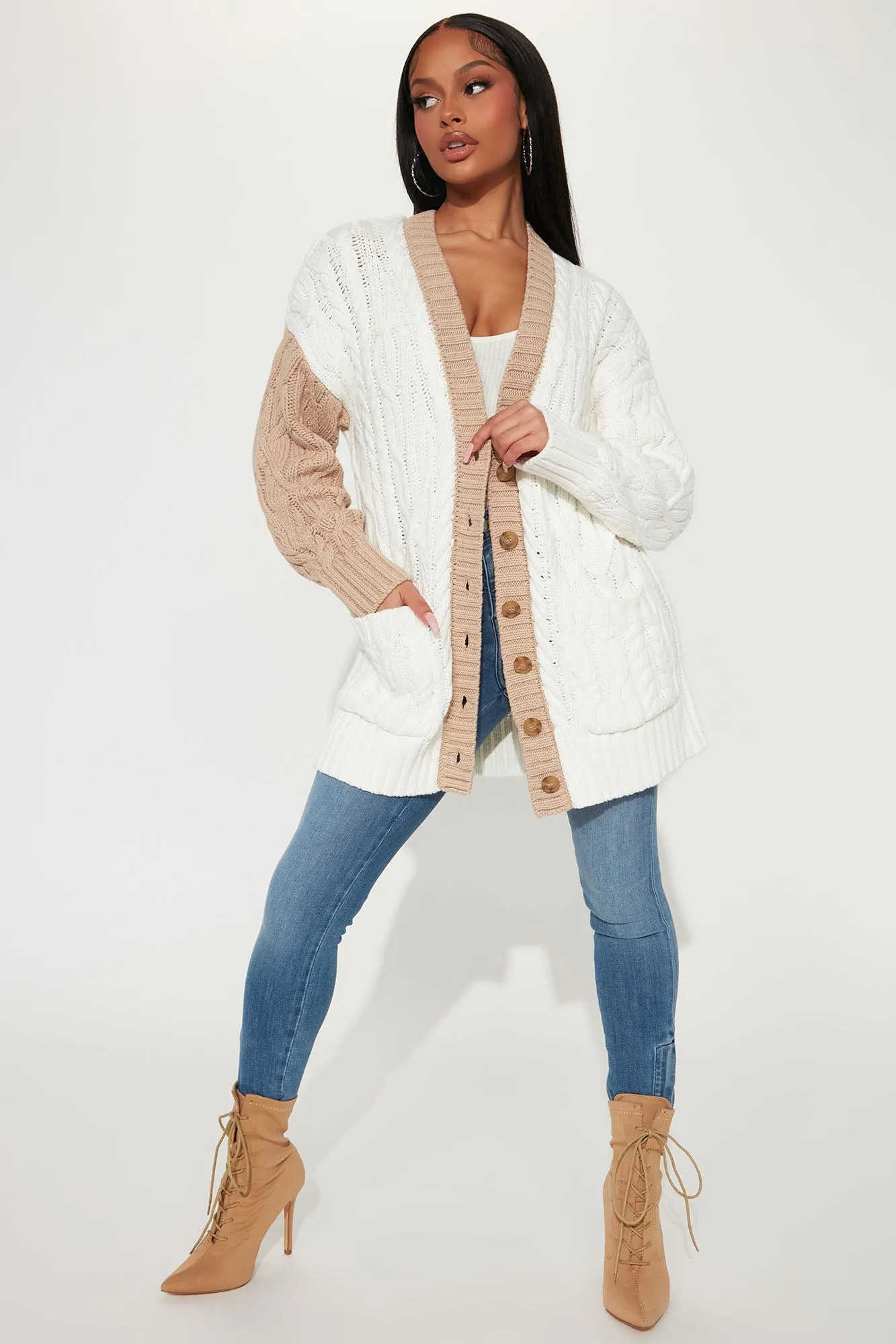 Beginner's Luck Cable Knit Cardigan - Ivory/combo