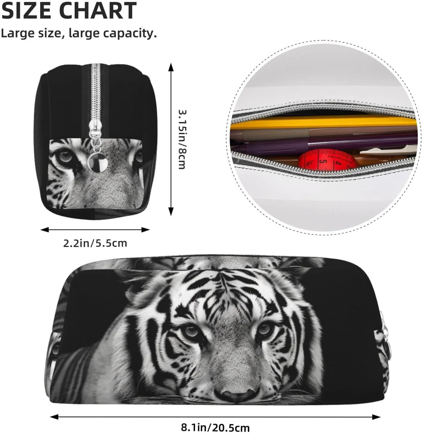 Black and white tiger Makeup Bag Travel Cosmetic Bag for Women Men Pencil Case Zipper Toiletry Bag Purse