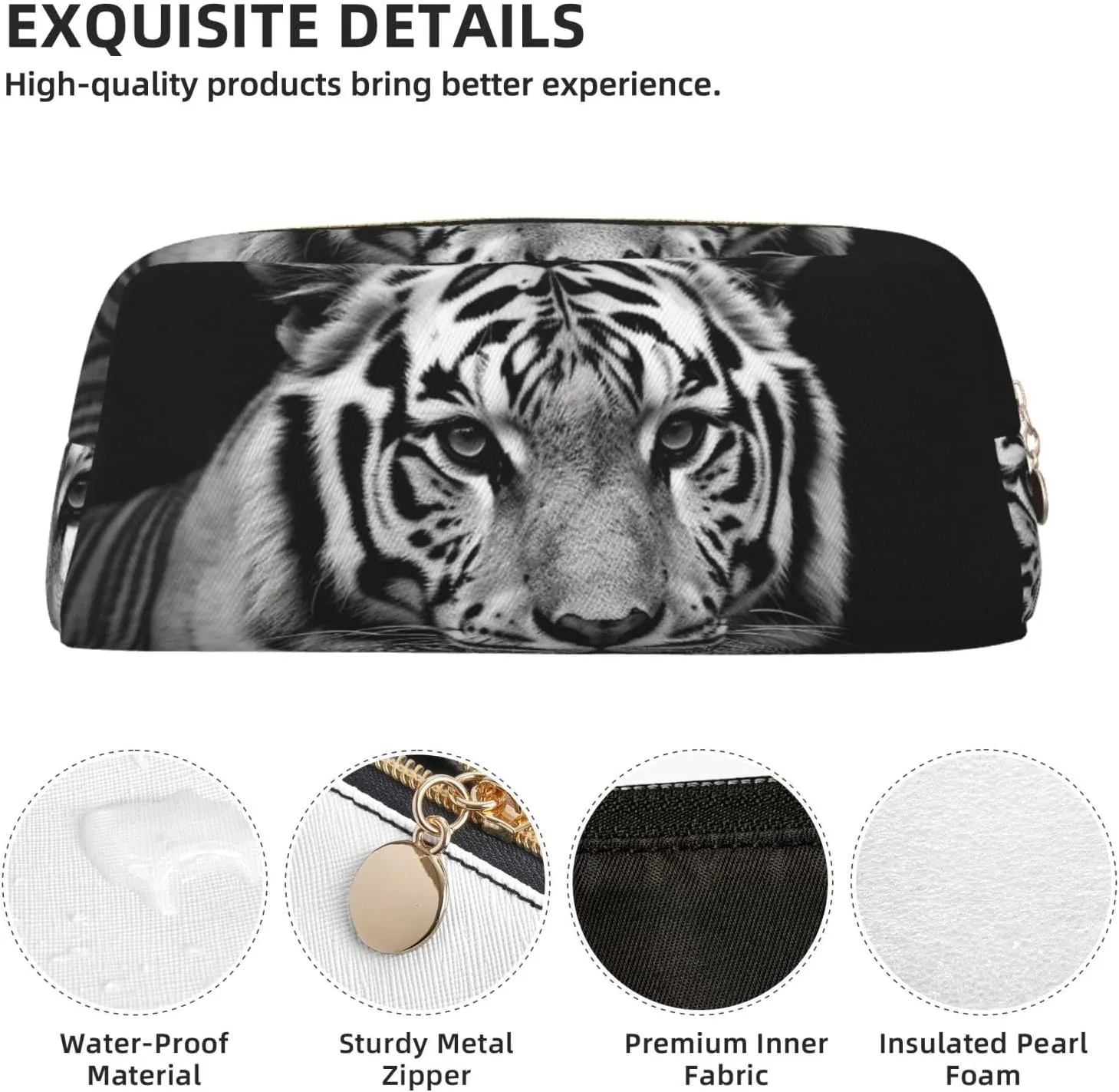 Black and white tiger Makeup Bag Travel Cosmetic Bag for Women Men Pencil Case Zipper Toiletry Bag Purse