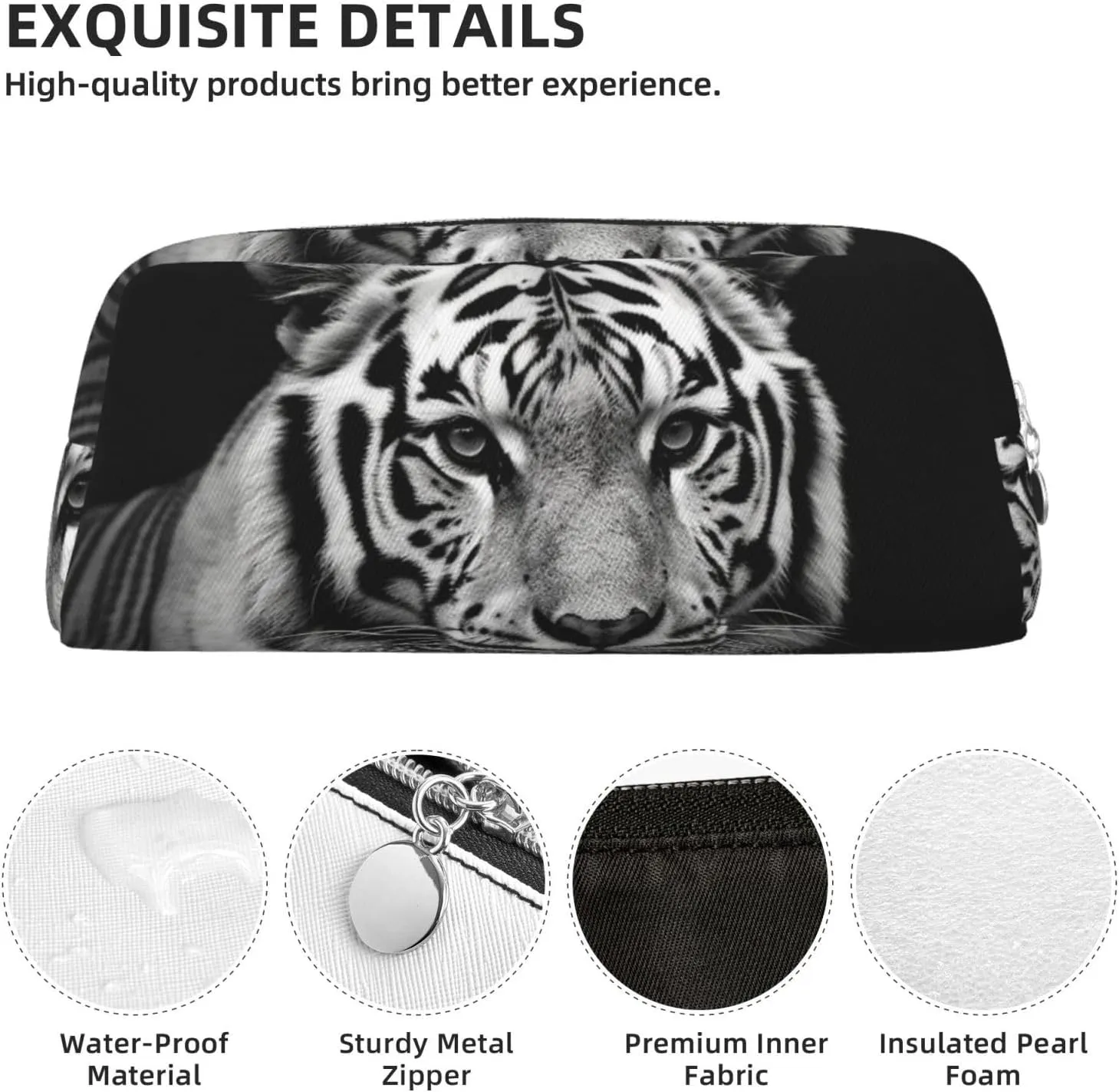Black and white tiger Makeup Bag Travel Cosmetic Bag for Women Men Pencil Case Zipper Toiletry Bag Purse
