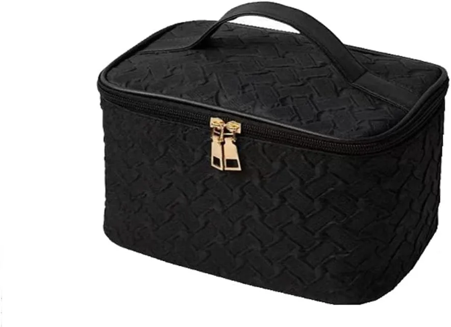 Black Cosmetic Bags for Women, Premium Large Capacity Portable Travel Makeup Bag, Multi-Functional Organizer with Separate Brushes Compartment, Handheld Square Design, Waterproof, 8.66 x 5.9 x 5.9 in